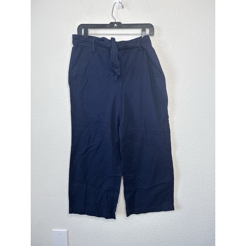 J.Crew Linen Cotton Wide Leg Crop Pants Tie‎ Waist Women's Sz 10 Navy Blue Beach